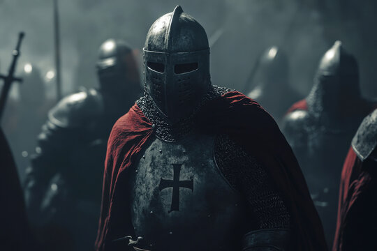Medieval Templar crusader knights warriors in armor during battle
