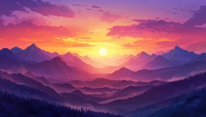 Obraz premium A scenic landscape with a vibrant sunset over a mountain range.