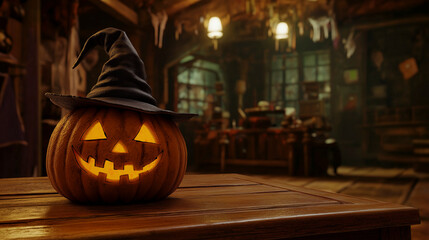 Fototapeta premium Jack's pumpkin wearing a witch's hat sits on a wooden table in a spooky Halloween-themed room with eerie decorations