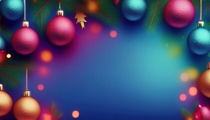 Christmas background with balls. Sparkling Christmas Decorations. Festive background with colorful Christmas decorations hanging and placed on a reflective surface, with blurred lights in the distance