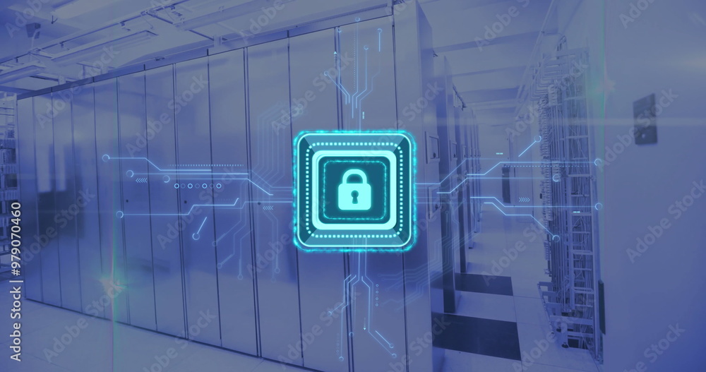 Poster Image of digital data processing, padlock icon, circuit board and computer servers