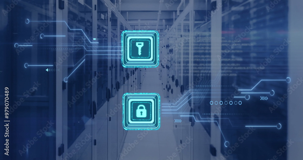 Poster image of digital data processing, padlock and key icons, circuit board and computer servers