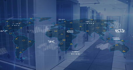 Image of digital data processing over world map and computer servers