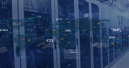 Image of digital data processing over world map and computer servers