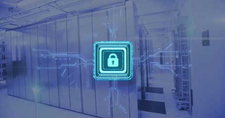Image of digital data processing, padlock icon, circuit board and computer servers
