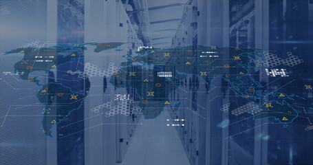 Image of digital data processing over world map and computer servers