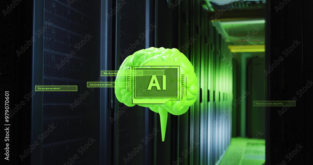 Poster image of ai text, brain and data processing over computer servers