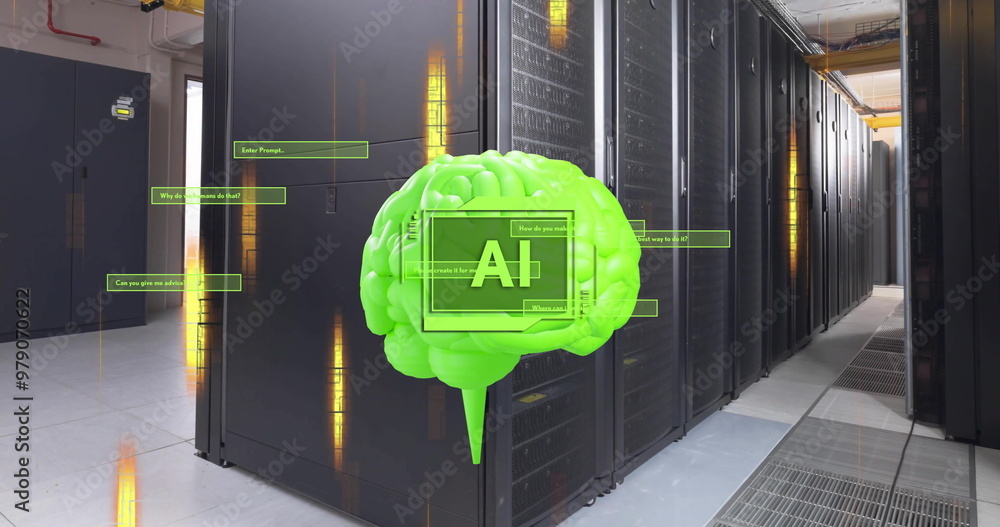 Poster image of ai text, brain and data processing over computer servers