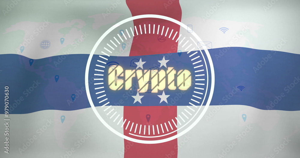 Poster crypto text image over flag of netherlands antilles with digital icons
