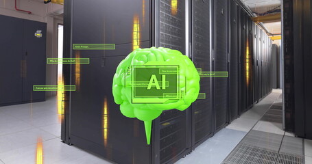 Image of ai text, brain and data processing over computer servers