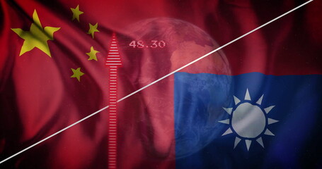Chinese and Taiwanese flags with data processing image over Earth