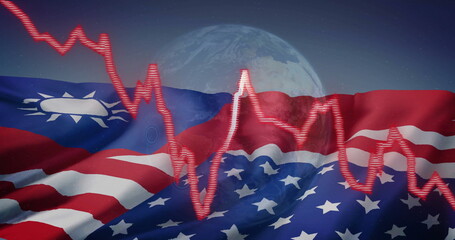 Earth and fluctuating graph image over American flag