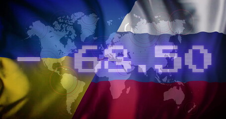 Digital numbers image over Ukraine and Russia flags with world map background