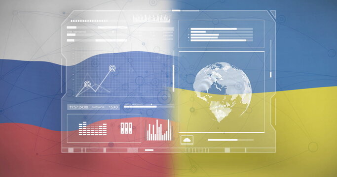 Data analysis image over Russian and Ukrainian flags background - Powered by Adobe