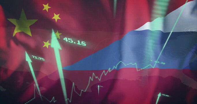 Financial data processing image over Chinese and Russian flags