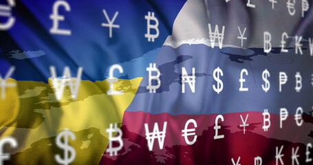 Currency symbols image over flags of Ukraine and Russia on map background