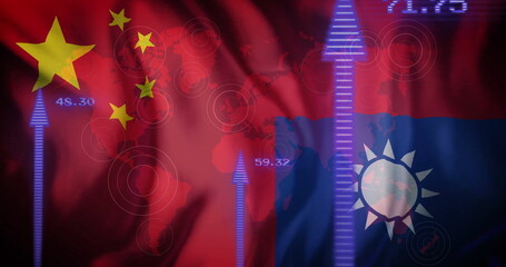 Rising arrows and data points image over flags of China and Taiwan
