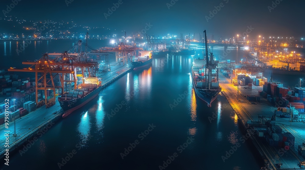 Poster a nighttime view of a busy port with illuminated cranes and ships reflecting in the water.