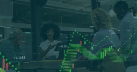 Image of financial data processing over diverse business people in office