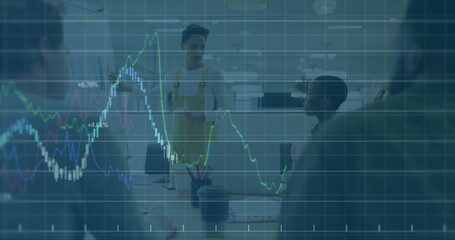 Image of financial data processing over diverse business people using laptop