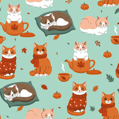 Seamless pattern with cute autumn cats. Vector graphics. © Екатерина Зирина