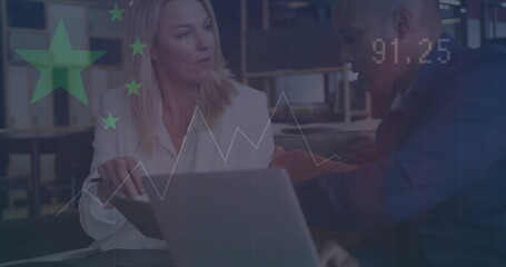 Image of financial data processing over diverse business people using laptop