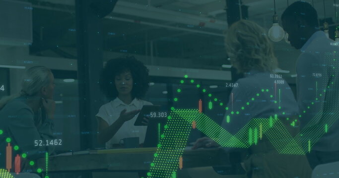 Image of financial data processing over diverse business people in office