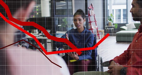 Image of financial data processing over diverse businesspeople in office