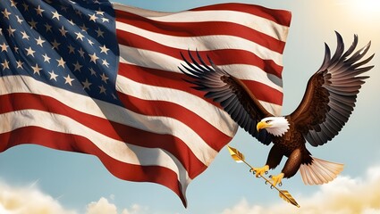 American flag with eagle soaring above, symbolizing freedom and patriotism in a vibrant display of national pride.