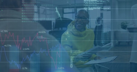 Image of financial data processing over diverse business people in office