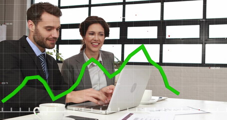 Image of financial data processing over diverse businesspeople in office