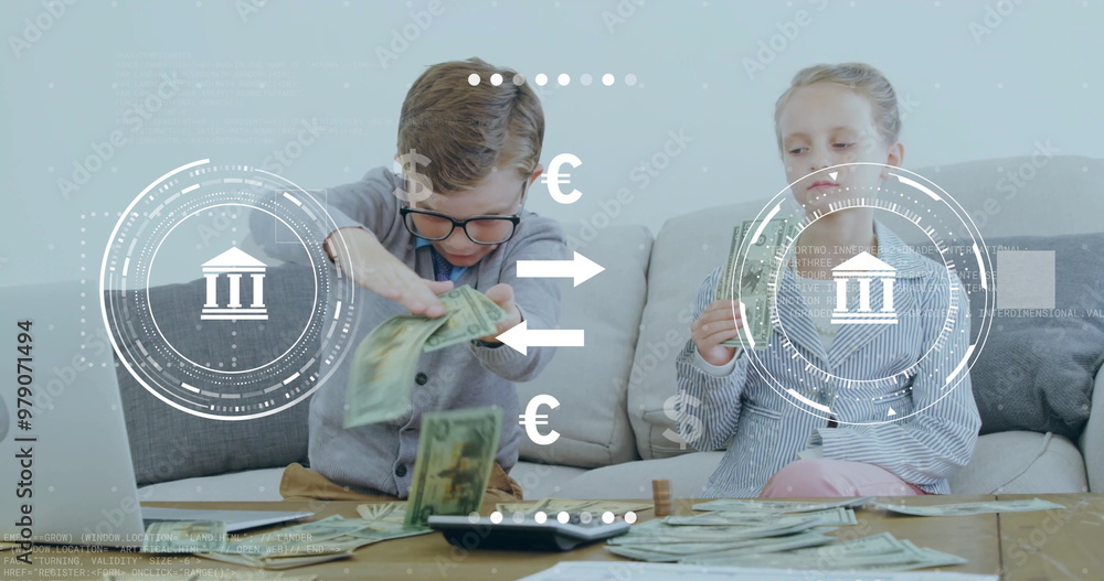 Poster image of currency and bank icons data processing over caucasian children playing with banknotes