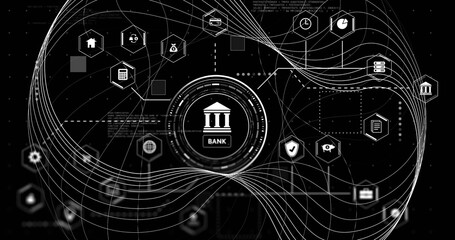 Image of network of digital business icons and data processing