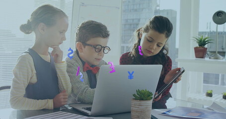 Image of currency icons data processing over caucasian children paying over laptop