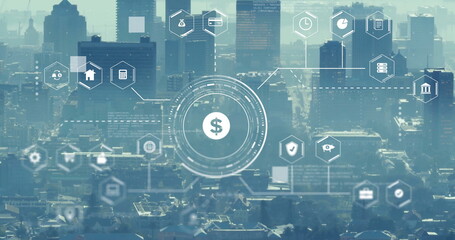 Image of digital currency icons and data processing over cityscape