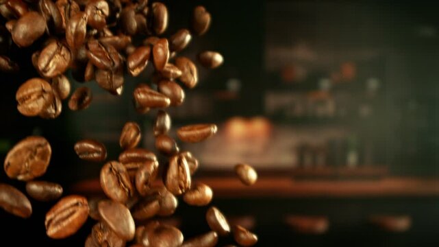 Super Slow Motion of Falling Coffee Beans. Filmed on High Speed Cinema Camera, 1000 fps. Blur Kitchen Industrial Interior on Background.
