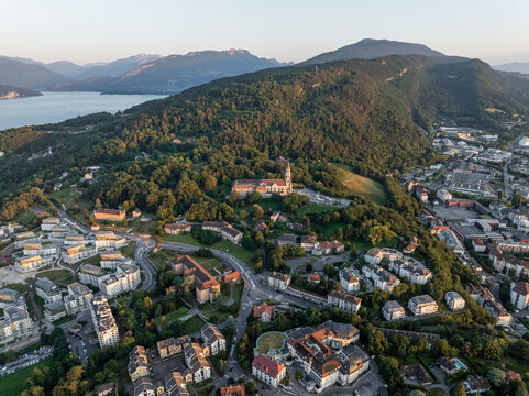 Aerial view of the beautiful Basilica de la Visitation surrounded by picturesque mountains and the scenic lake, Annecy, France.