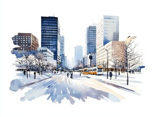 Obraz premium Illustrate a bustling city square blanketed in snow, capturing the essence of a winter wonderland