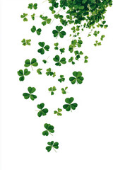 A swirl of four leaf clovers dancing gracefully in the air against a bright white background