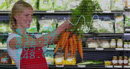 Image of data processing over caucasian woman grocery shopping