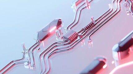 Illustrate a digital 3D representation of a luminous, futuristic hack seen up close, emphasizing the complex circuitry and glowing effects