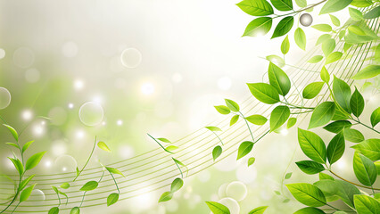 Green leaves and musical notes on a light background , nature, music, harmony, notes, composition, organic, foliage, spring