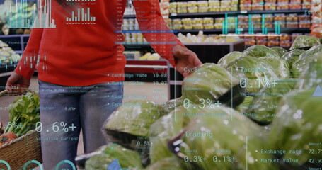 Image of data processing over caucasian woman grocery shopping