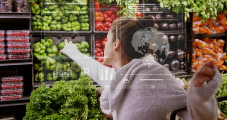 Image of data processing over caucasian woman grocery shopping