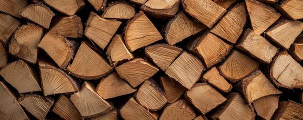 Selbstklebende Fototapeten A rustic and natural pile of neatly stacked firewood, showcasing the rich textures and colors of freshly cut wood. © ParinApril