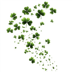 A swirl of four leaf clovers dancing gracefully in the air against a bright white background