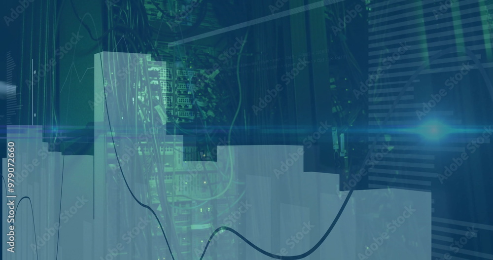 Poster image of financial data processing with light trails over server room
