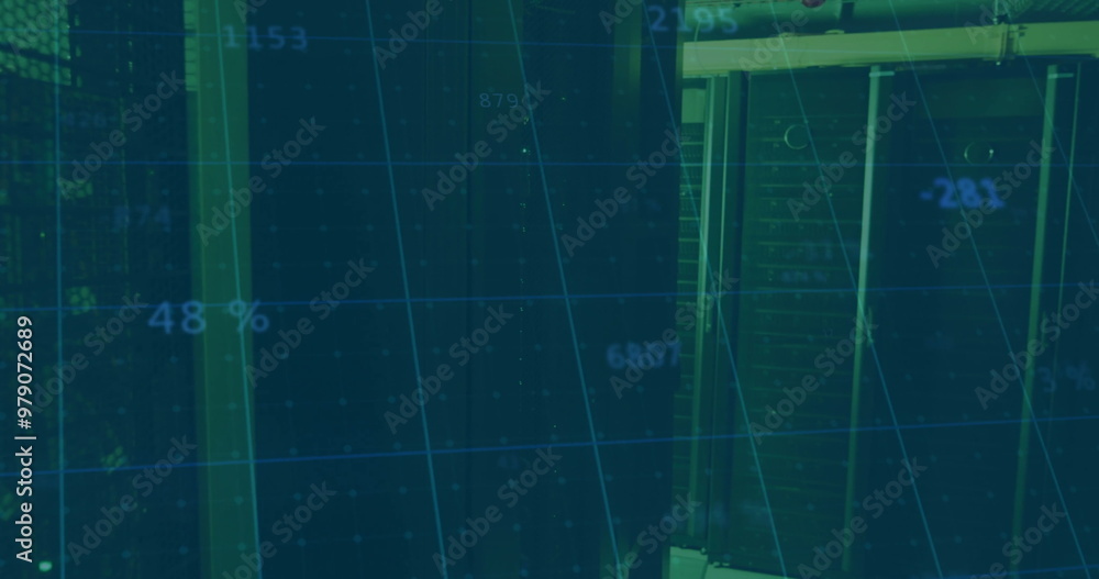 Poster image of financial data processing over server room