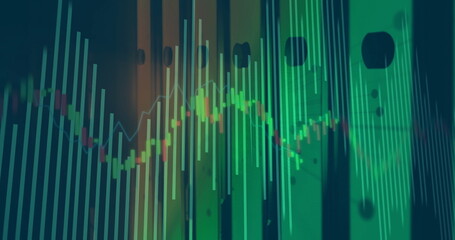 Image of financial data processing over server room