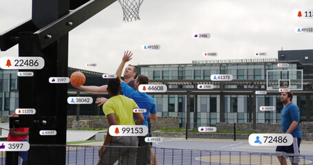 Image of digital data processing over diverse basketball players on field